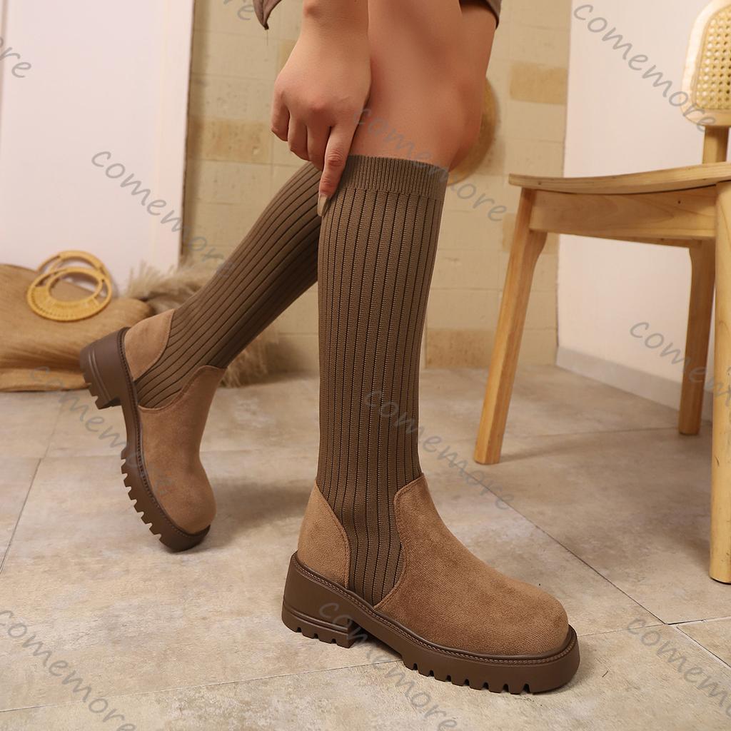 Fashion Comemore Autumn New Suede Elastic Socks Boots for Women Thick Bottom Breathable Knee High Boots Female High Heels Women Shoes