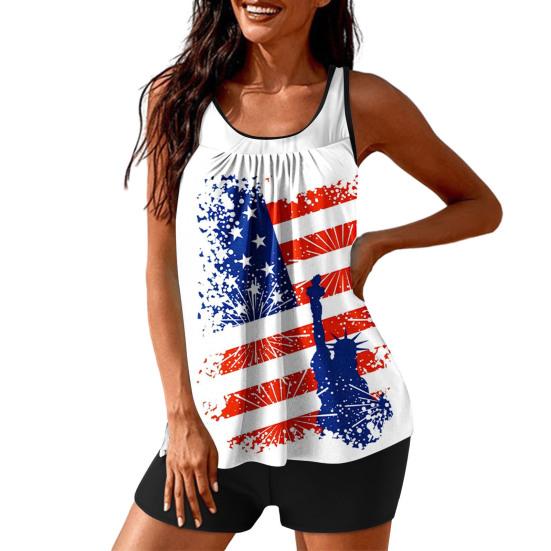Yousheng 2 шт./комплект женский танкини комплект американский День независимости принт жилет однотонные шорты для плавания комплект купальники
