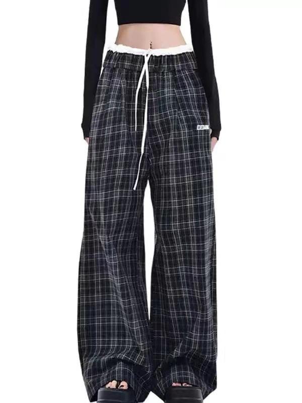 Retro Plaid Wide-leg Pants for Women with High Waist Loose Casual Pants for Floor-length