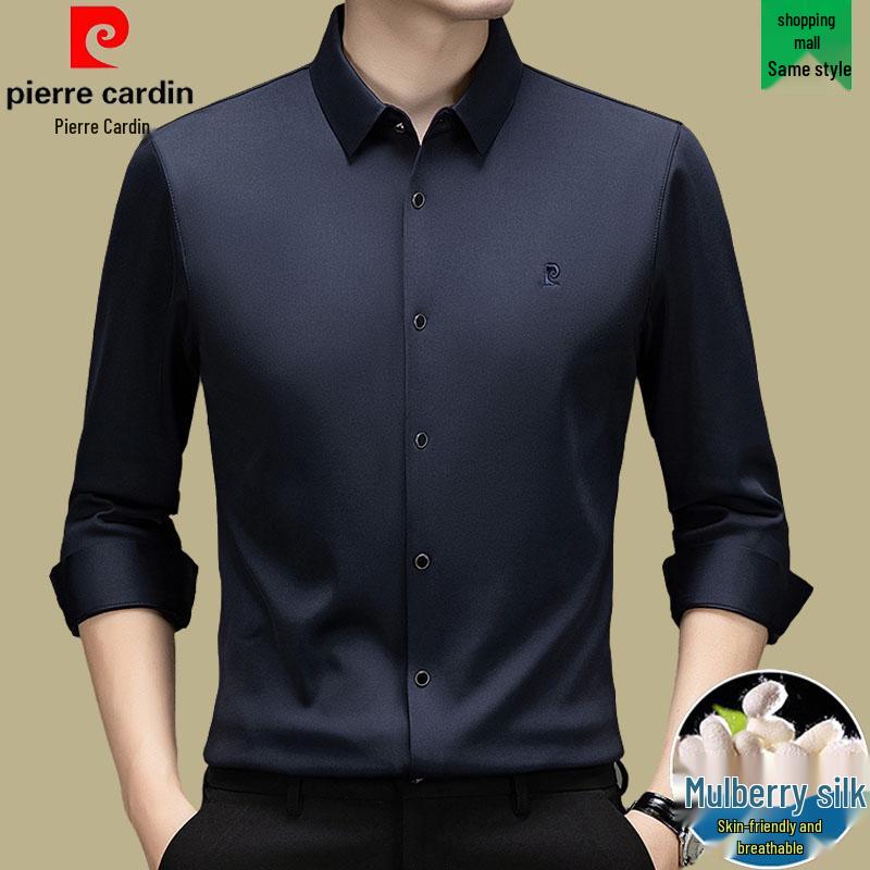 Мужская рубашка Pierre Cardin с длинным рукавом из шелка-тусса (mulberry silk) - Не требует глажки, С начесом, Высококачественный business casual для осени/зимы