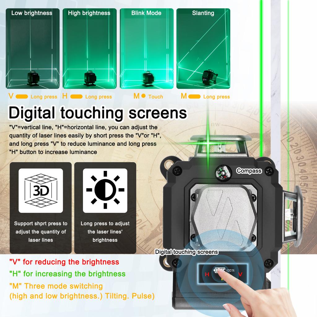 Многофункциональный 16-линейный лазерный уровень 3 градуса Самовыравнивающаяся машина Перезаряжаемая литиевая батарея для выравнивания