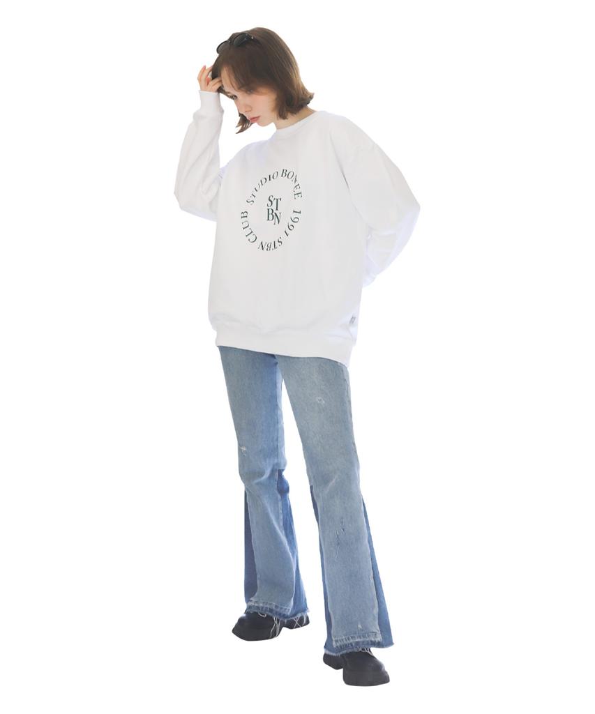 BONIEE [Fleece Lined] Circle Round Typo Graphic Logo Graphic Oversized Sweatshirt White