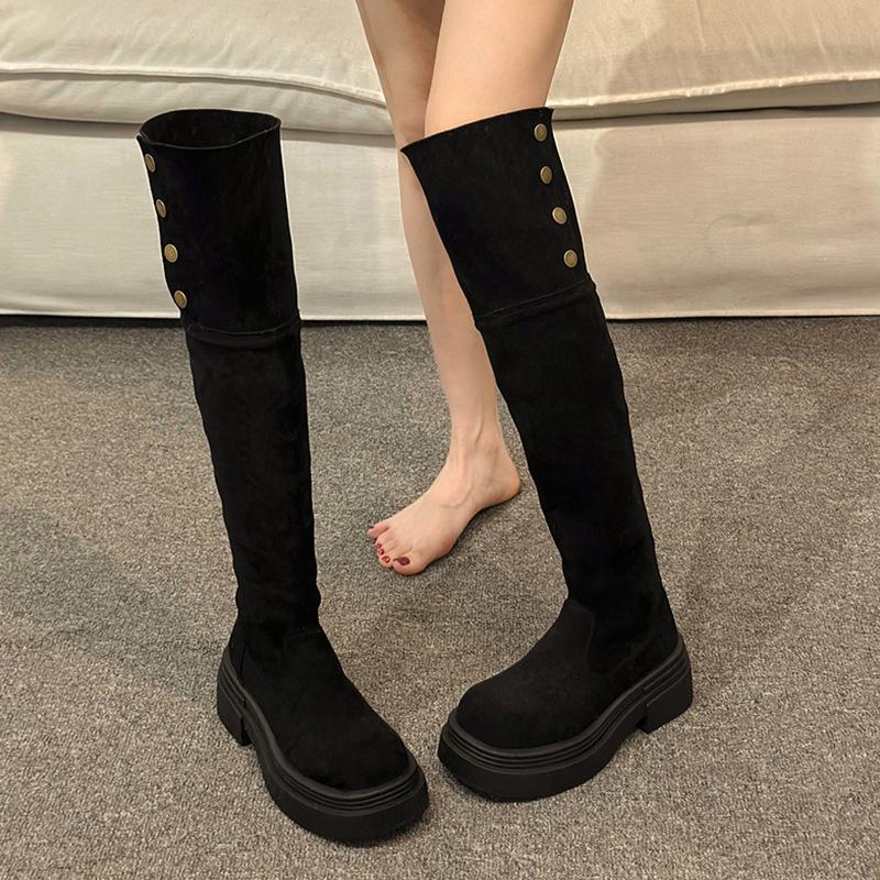 Коричневые двухслойные сапоги на толстой подошве, популярные детские осенне-зимние новые рыцарские сапоги до колена на толстом каблуке в 2024 году