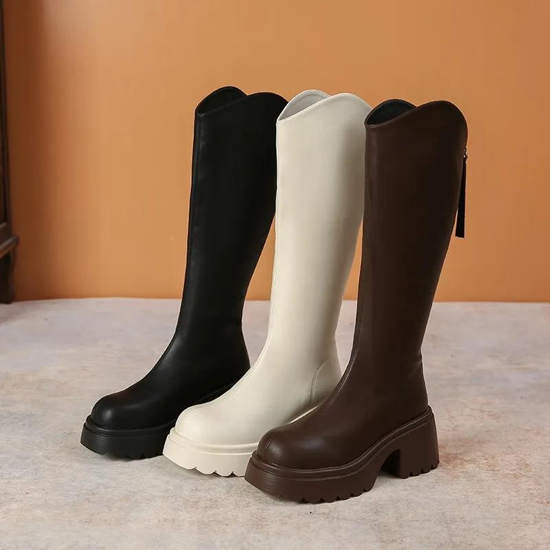 Новые женские сапоги с молнией сзади на толстой подошве на каблуке, простые осенне-зимние сапоги длиной до колена