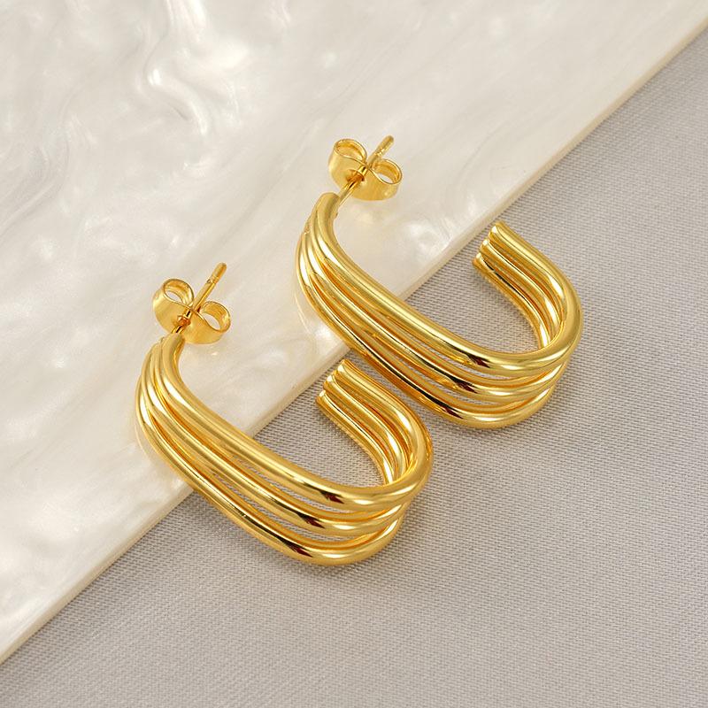 Геометрические серьги-пусеты из нержавеющей стали, трехслойные, женские, с покрытием 18K, из титановой стали, высококлассный темперамент, простые модные серьги