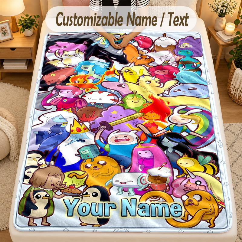 Flannel BlanketAdventure Time cartoon Custom Name Text Personalized Soft Warm Throw Blanket Home Decor Gift
