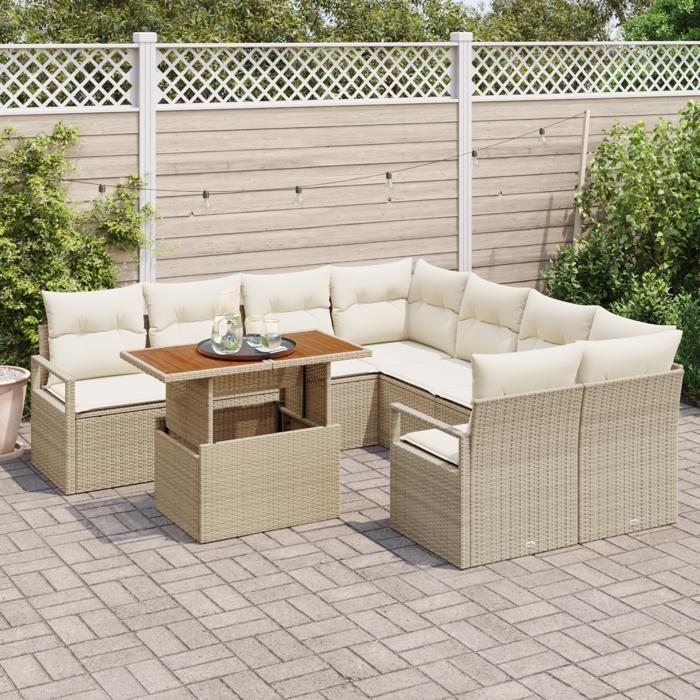 Ensemble de 9 pièces de canapé de jardin avec coussins beige en poly rattan, Canapé de jardin 2 places avec rangement et 3358430