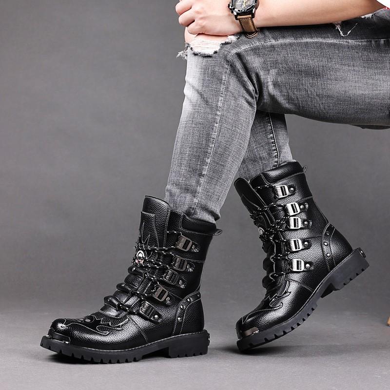 Fashion Mens Motorcycle Boots Leather Boots New Fashion Cowboy Shoes Outdoor Sports Military Tactical Boots Gothic Punk Boots D474