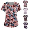 Women's Independence Day Print Short Sleeve V Neck Top Work Pocket Shirt
