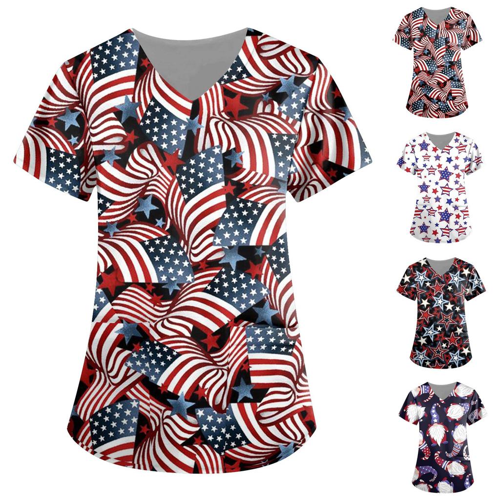 Women's Independence Day Print Short Sleeve V Neck Top Work Pocket Shirt