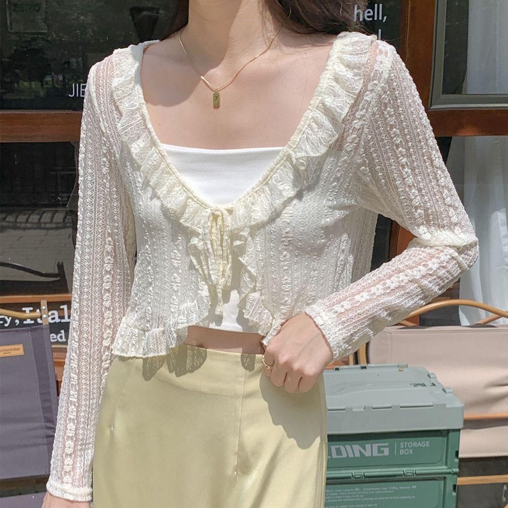 Chiffon Long Sleeves Ruffle Scarves Short Top Coat Lace Cardigan Korean Style Shawl Sunscreen Shawl