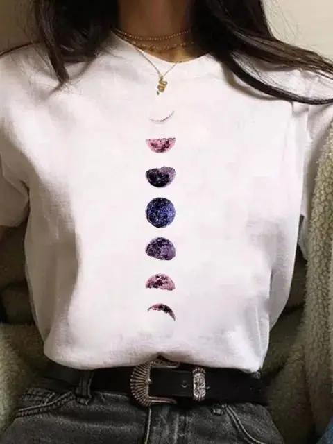 Maycaur Newest Funny Moon Print T Shirt Women White and Black Shirts Fashion Round Neck Short Sleeve T-Shirt Summer Tees Casual Top
