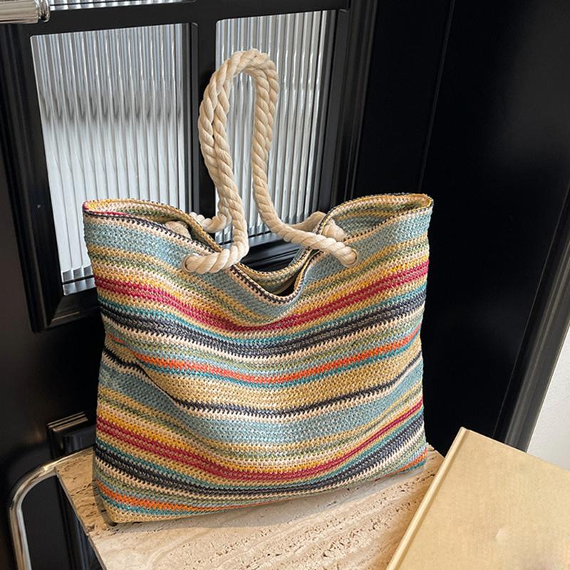 Straw Fabric Woven Design Women Tote Bags Rainbow Color Large Capacity Summer Beach Shoulder Shopper Bag Casual Commute Handbags KTB