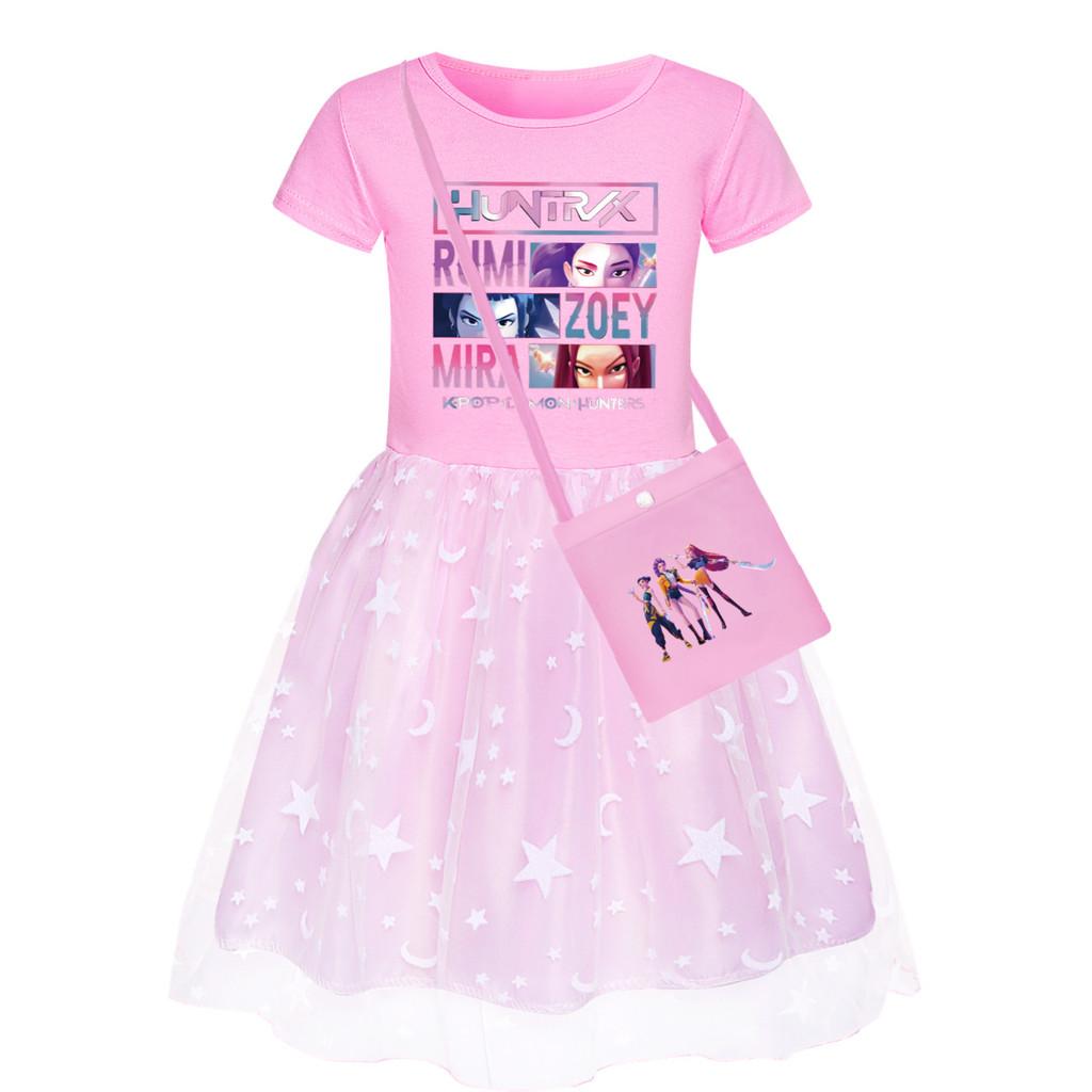 Kids Girls Anime Cartoon POP Singer Super Star Rumi Zoey Mira Print Mesh Rainbow Round Neck Casual Cotton Dress
