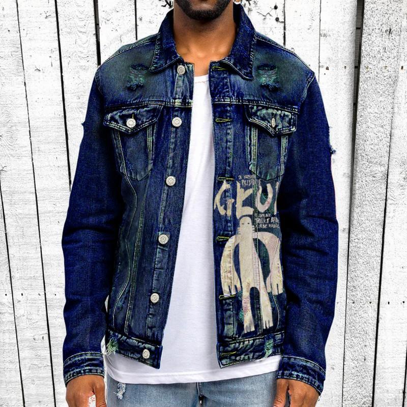 Mens Punk Style Denim Jacket Loose Fit Casual Outerwear Youth Fall Winter