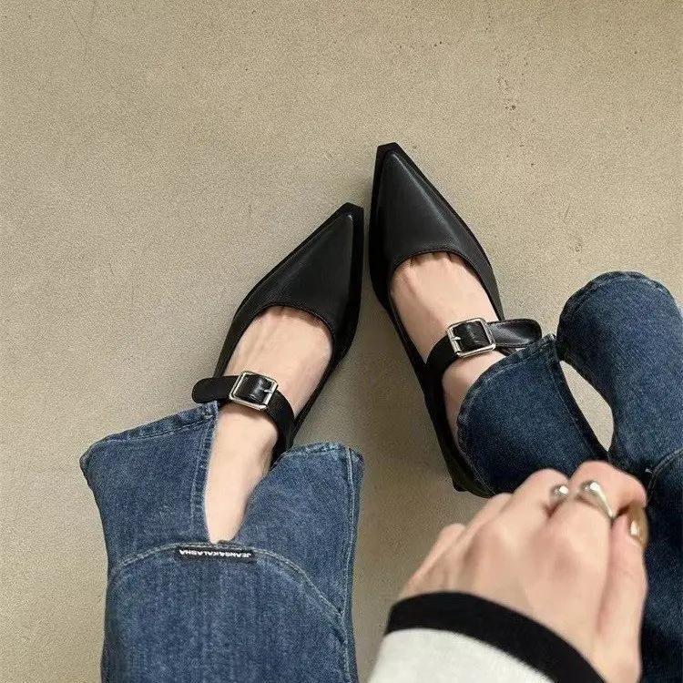 Fashion Coarse Heeled Women's Shoes, Retro French Buckle, Mary Jane Women's Shoes, Pointed Toe, Low Heel, Shallow Mouth Single Shoe