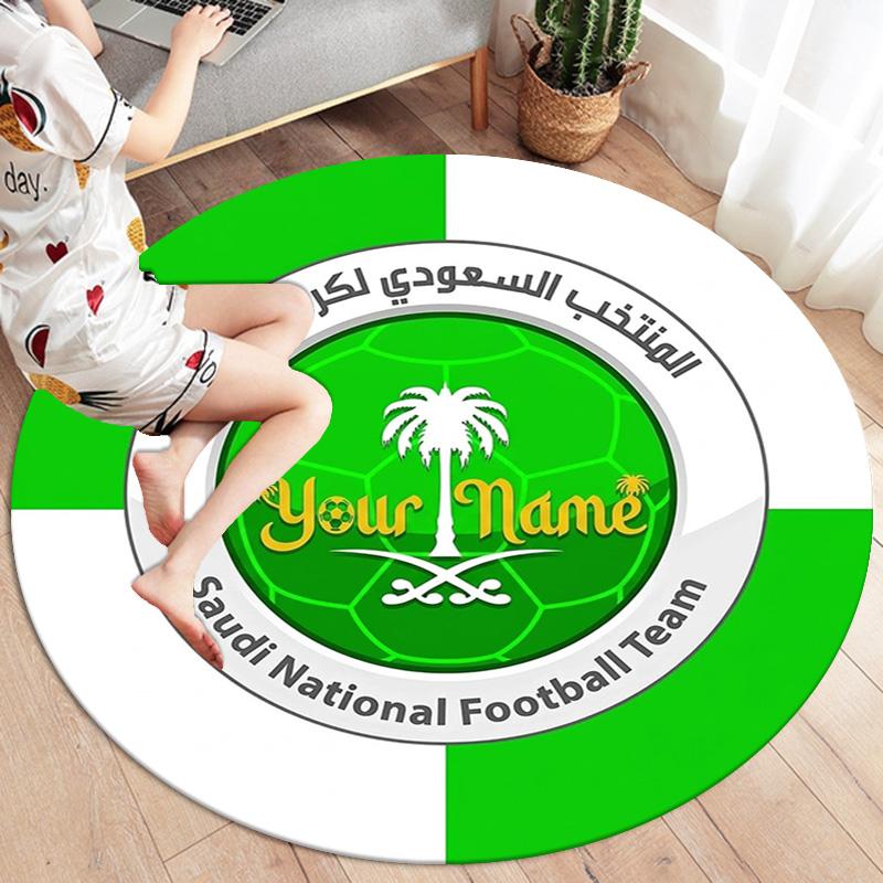 Saudi Football Crest Custom Name Round Area Rug Carpet Rug For Living Room Bedroom Sofa Playroom Decor Nonslip Floor Mat