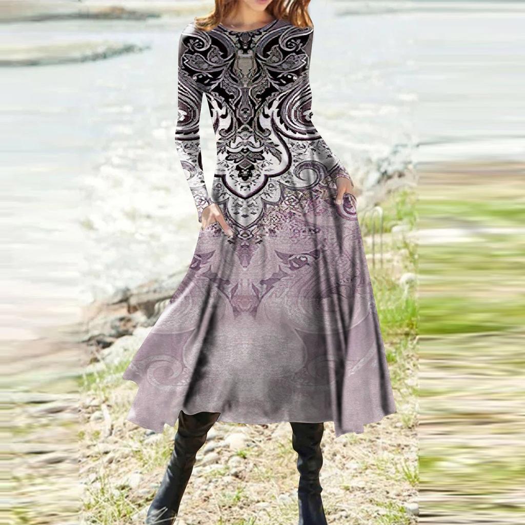 Women's Fashion Casual Printed Round Neck Pullover Slim Fitting Long Sleeve Dress