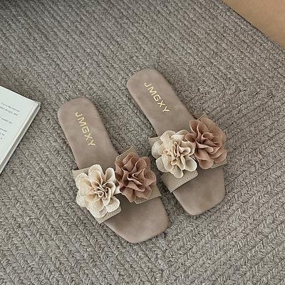 Мода 2025 Лето Новые Цветы Женские Шлепанцы на Плоской Подошве Модные Женские для Ношения на Улице с Открытым Носком Шлепанцы на Одном Слове Элегантные Женские Сандалии Мухер