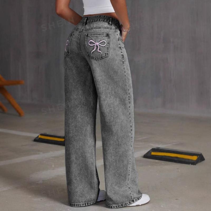 European and American Spring and Autumn Bow Embroidered Jeans for Women High Waist Straight Trousers