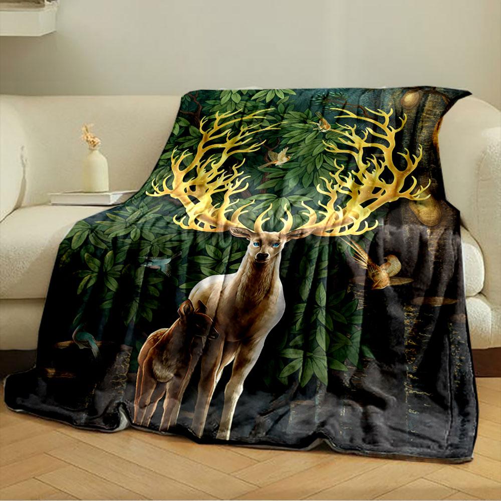 Glowing antlers, leafy forest backdrop, birds, and two deer in focus. for all seasons blanket lunch break throw gift