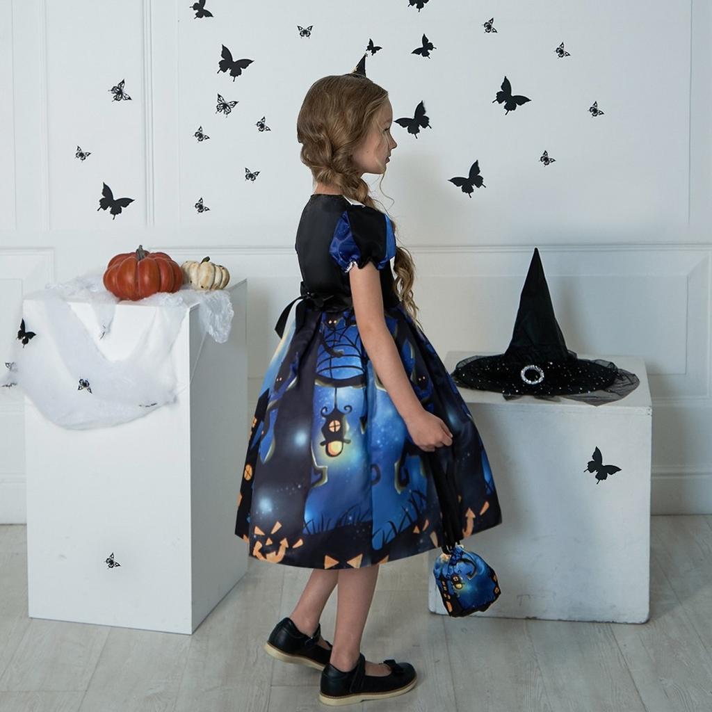 Платье для косплея ведьмы на Хэллоуин для девочек с сумкой, мультяшный принт