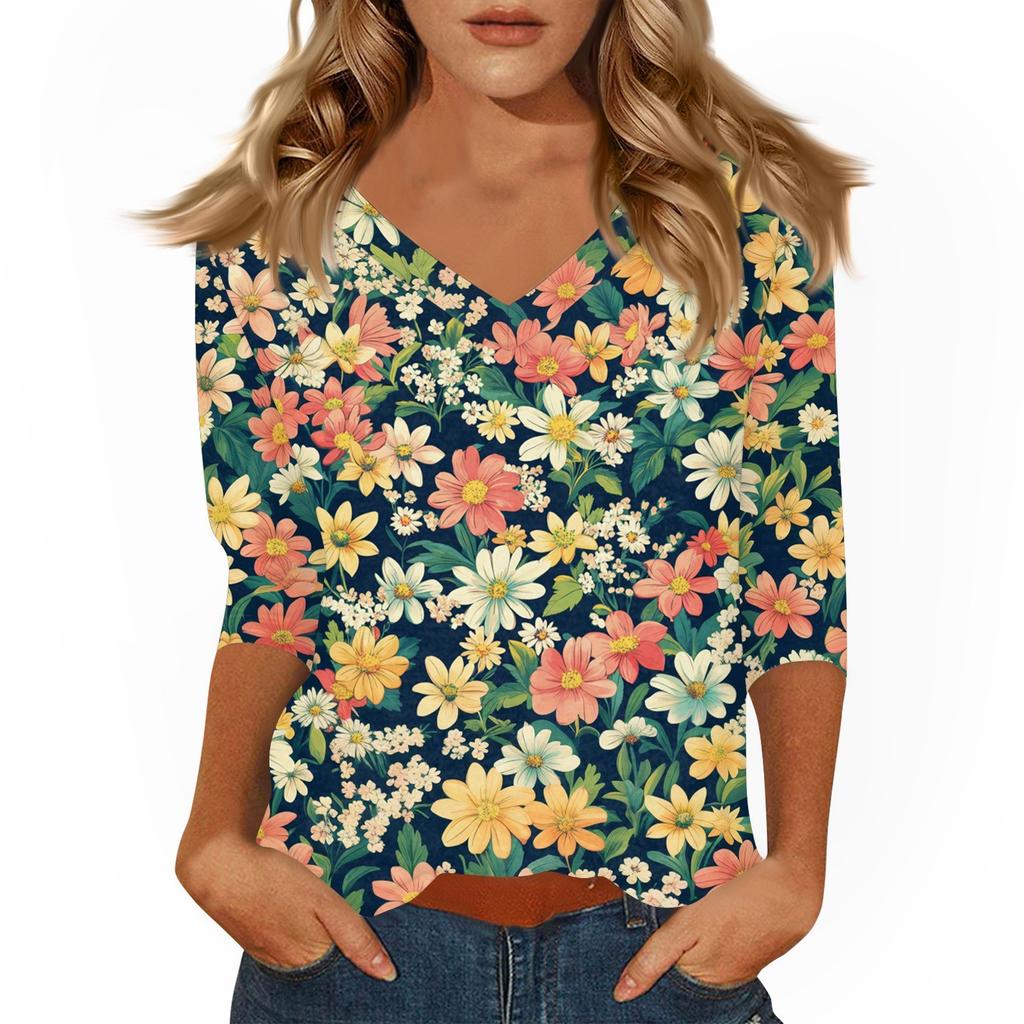 Women's Tops Three-quarter Sleeve Shirt V-neck Loose Casual Shirt Print T-shirt