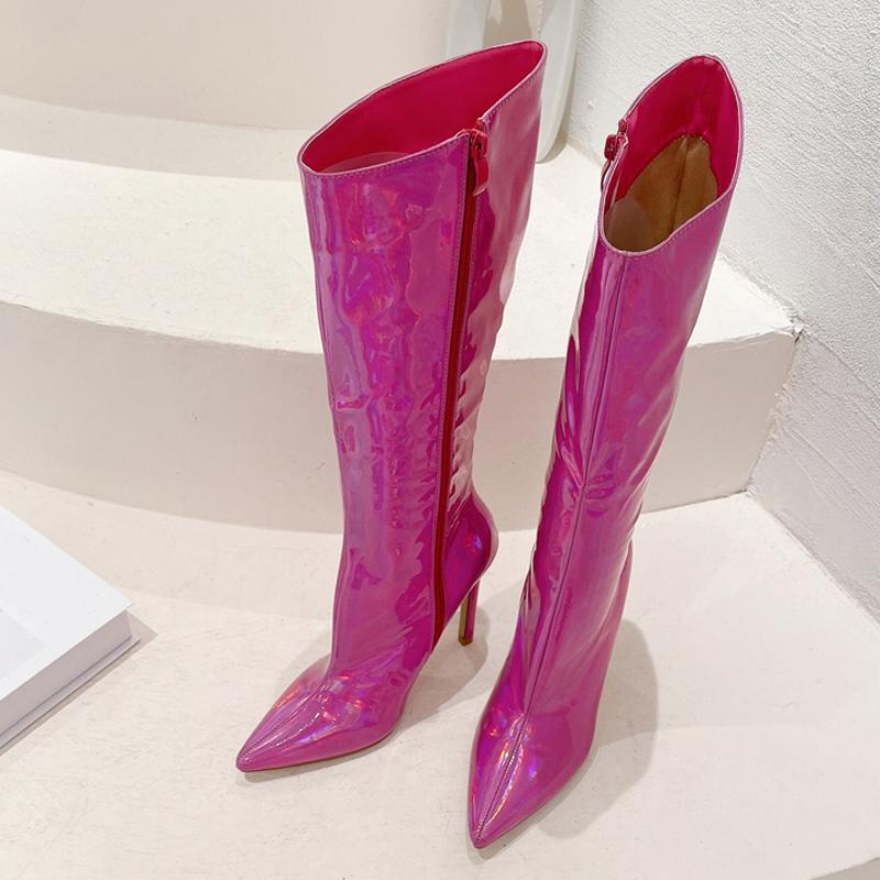 Модные Liyke Сексуальные Подиумные Зеркальные Лакированные Женские Сапоги до Колена Осенне-Зимняя Обувь Острый Носок Молния Шпилька Длинные Botas Mujer