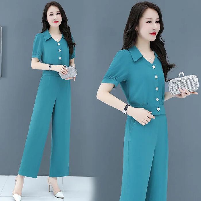 Модный женский летний шифоновый костюм-двойка 2025 - стильный омолаживающий комплект из рубашки и брюк для весны