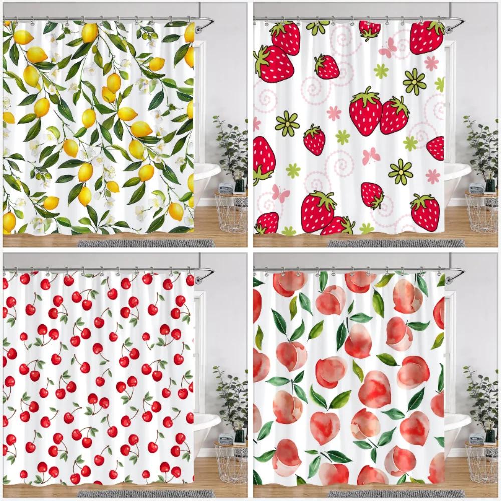 Cherry Strawberry Lemon Peach Fruit Print Shower Curtain Polyester Fabric Children Bathroom Curta Bathroom Decor With Hooks
