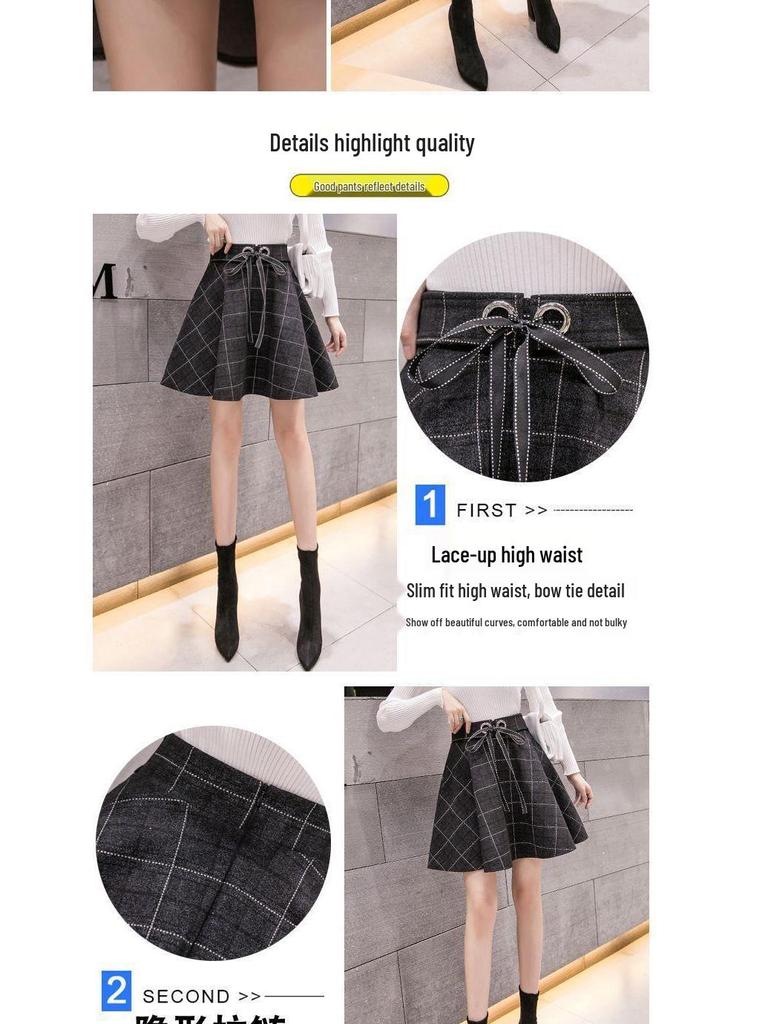 Женская шерстяная клетчатая юбка А-силуэта с высокой талией - Осень/Зима 2025, корейский стиль, юбка-зонт