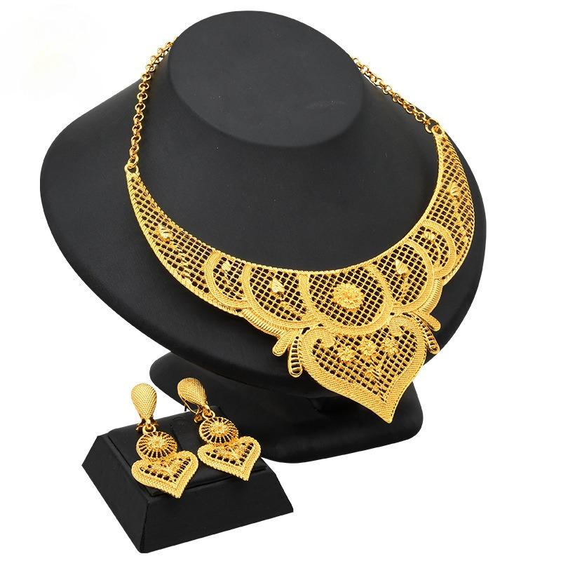 Dubai Bridal 24k Gold Plated Jewelry Set India Middle East Ladies Fashion Necklace Earrings Ring Bracelet Set