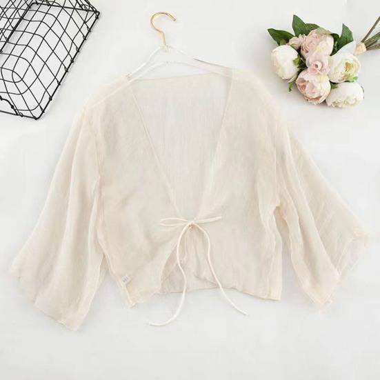 Women Sheer Chiffon Cardigan with Front-tie Transparent Loose Top Elegant Retro Style Shawl for Vacation Beach Daily Wear