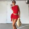 Women 2 Piece Set Double-Deck Pleated Tassel Mini Skirt+Bandage Slim Tank Top Festival Party Sexy Matching Outfits