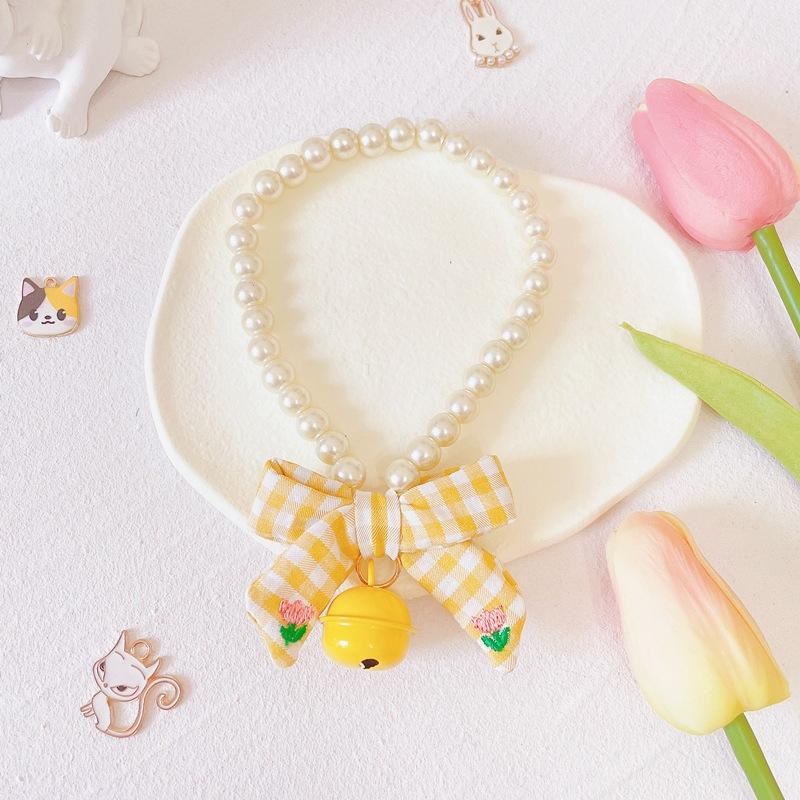 Kitten Puppy Bow Pearl Necklace Houndstooth Bell Neck Ring Cat Dog Apparel Accessories