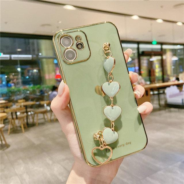 Чехол для телефона с мягким покрытием Love Heart для Iphone 14 13 12 11 Pro Max Xs Max Xr 14 Plus 14pro, противоударный чехол для браслета-цепочки на запястье