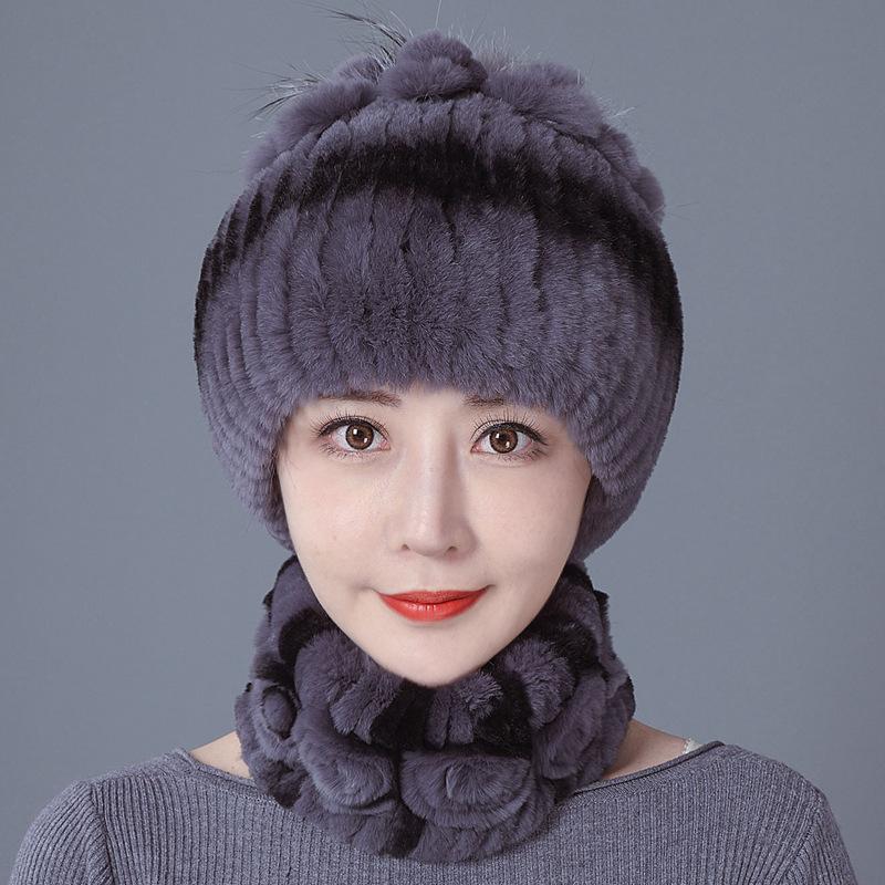 Шапка из меха кролика, женская зимняя мода, универсальная, теплая, зимняя защита для ушей, шарф из меха кролика Рекс, комплект из двух предметов, меховой костюм из меха