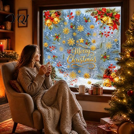 Kitchen Window Decorations 4PCS Christmas Static Stickers with Gold Bell Print, Reusable Waterproof PVC Classroom Decorative Accents Decals,