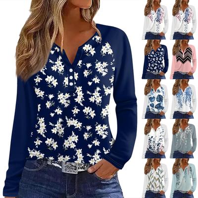 Женская футболка Футболка с принтом Пуговицы Длинный рукав Рукав реглан Повседневные Выходные Мода Классический V-образный вырез Обычный Топ
