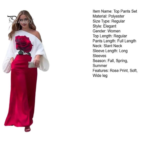 2 Pcs/Set Women Top Pants Set 3D Rose Print One Shoulder Slant Neck Long Bat Sleeve High Waist Wide Leg OL Commute Style Pockets Lady Blouse Trousers