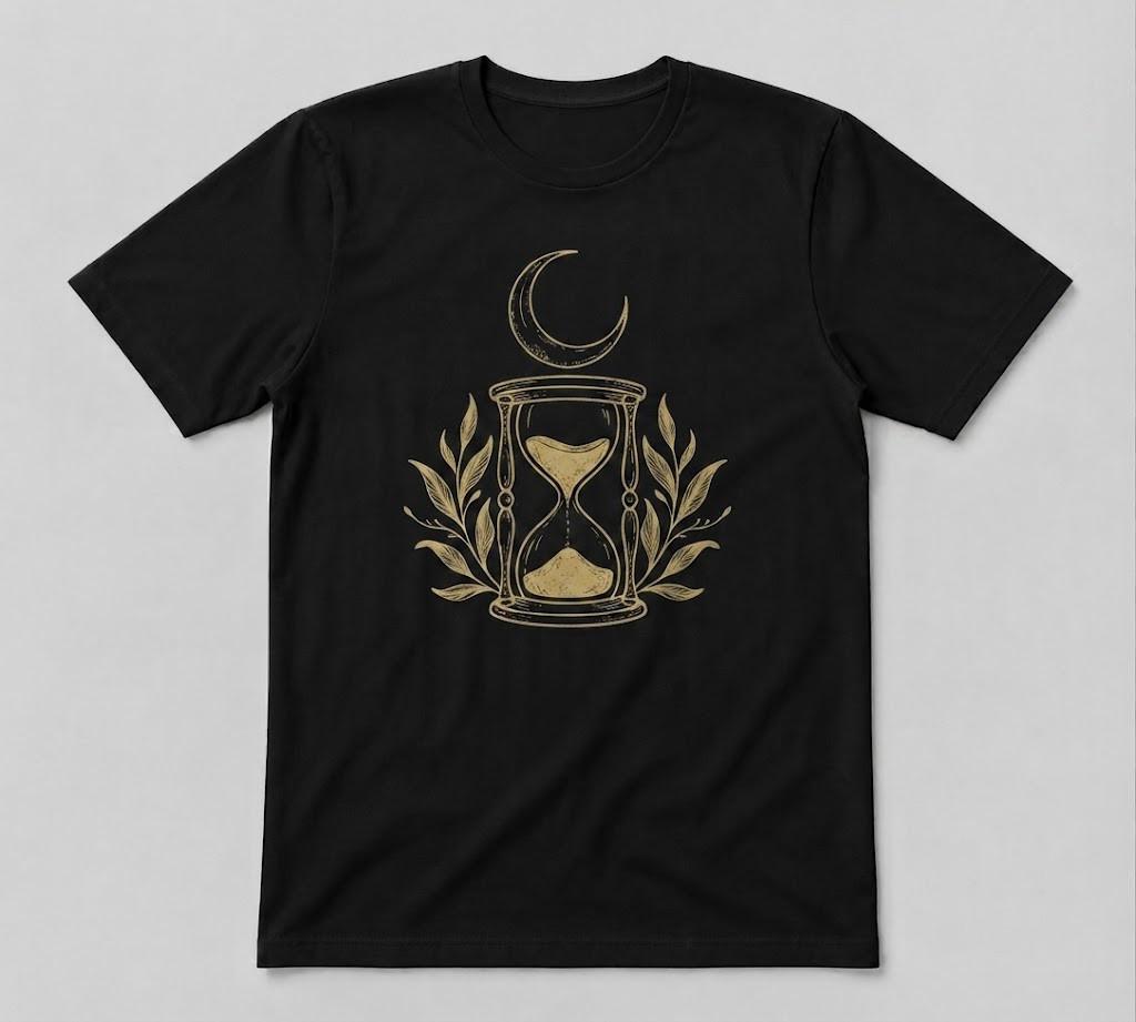 Mystic Hourglass Moon Graphic Celestial Nature Black unisex T-Shirt