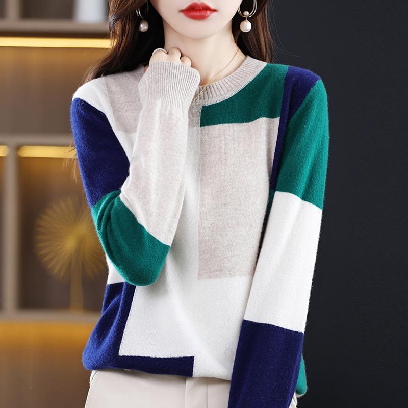 Women's Color-Block Wool Sweater: 2025 Autumn/Winter Thick Round Neck, Loose, Fashionable & Comfortable Knitwear
