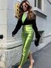 PU Leather Green Split Skirt for Women High Waist Hip Package Pathwork Bodycon Maxiskirt Sexy Female Prom Skirt New In 2023