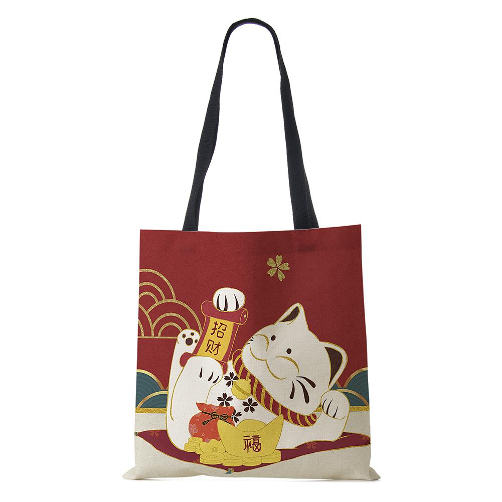 Cat Cartoon Shoulder Bag 2022 Japanese Shopping Reusable Canvas Tote Bag Women High Capacity Simple Casual Folding Handbag KTY