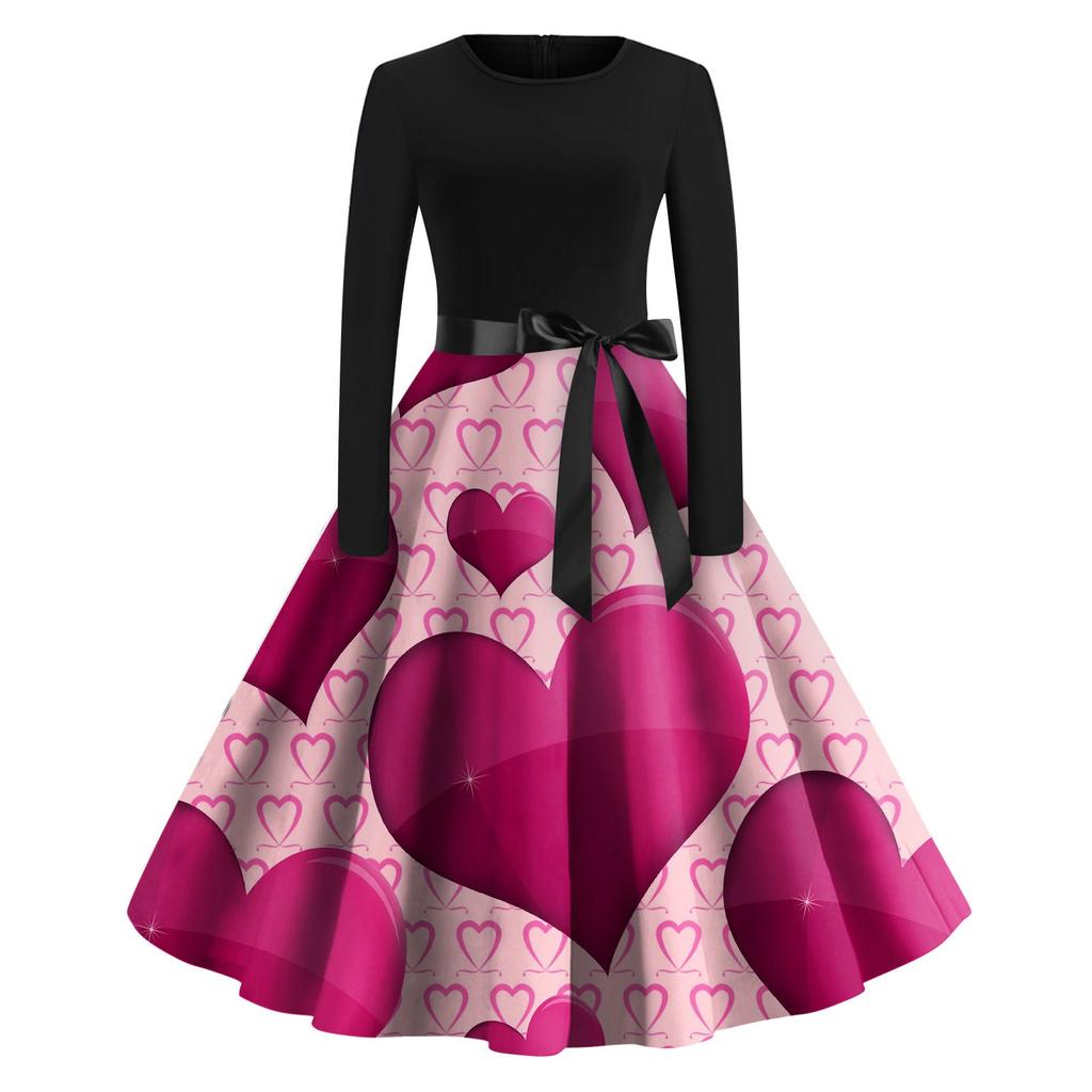 Женское винтажное классическое платье с длинным рукавом и принтом на День святого Валентина, свободное платье с круглым вырезом