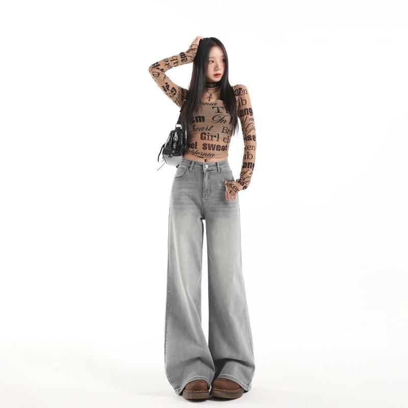 American Spice Girl micro-pull jeans women's autumn and winter new high-waisted straight loose and thin wide-leg flared pants