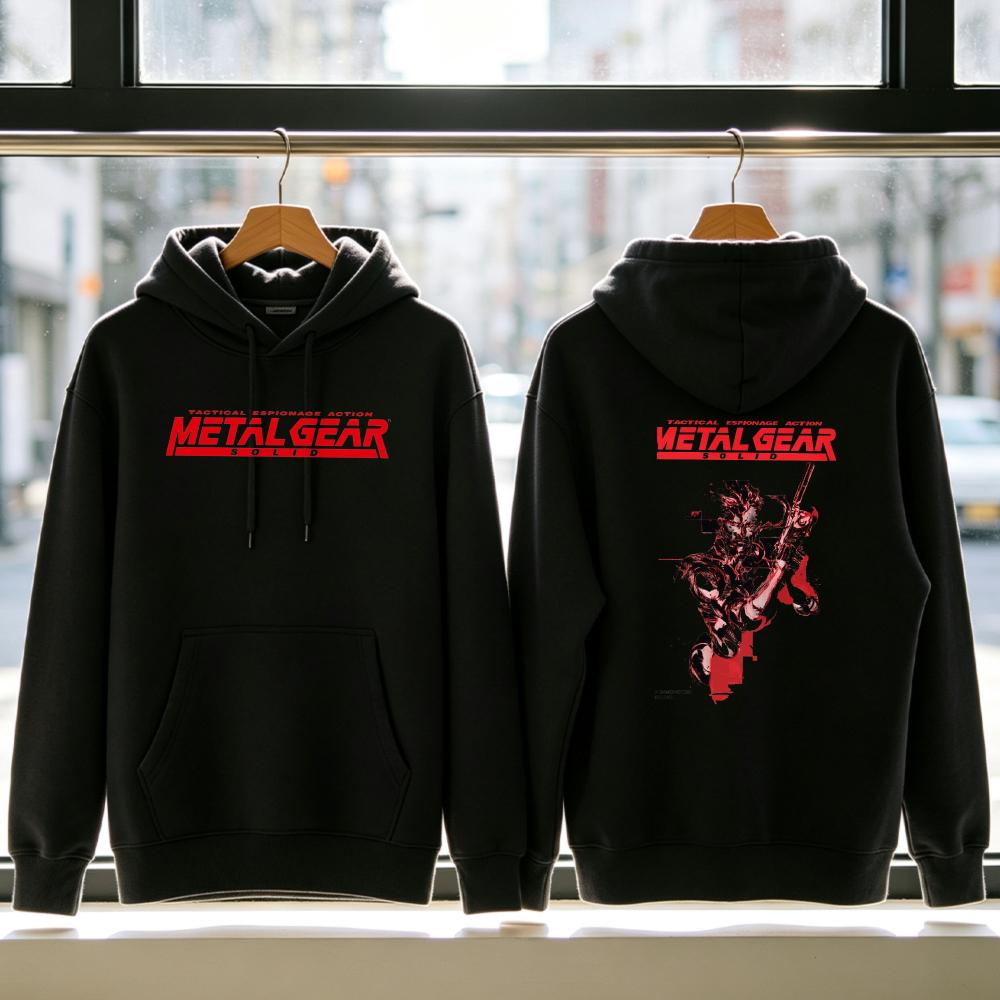 Men Metal Gear Solid Game Character Front Back Print Hoodie Pullover Sweatshirt Vintage Gaming Graphic Streetwear Gamer Gift Top
