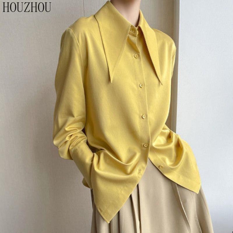 HOUZHOU Шикарная женская рубашка с острым воротником, корейская элегантная ретро-элегантная женская классическая блузка для поездок на работу