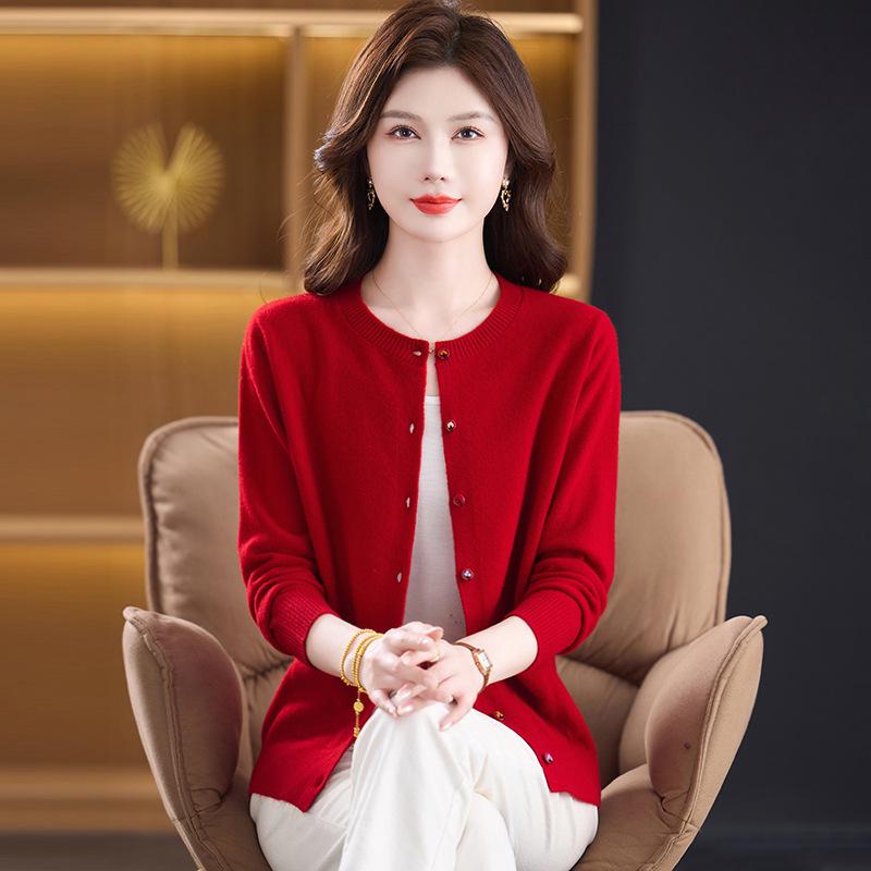 Женский кардиган из 100% чистой шерсти - Новый осенне-зимний свитер с круглым вырезом для мамы