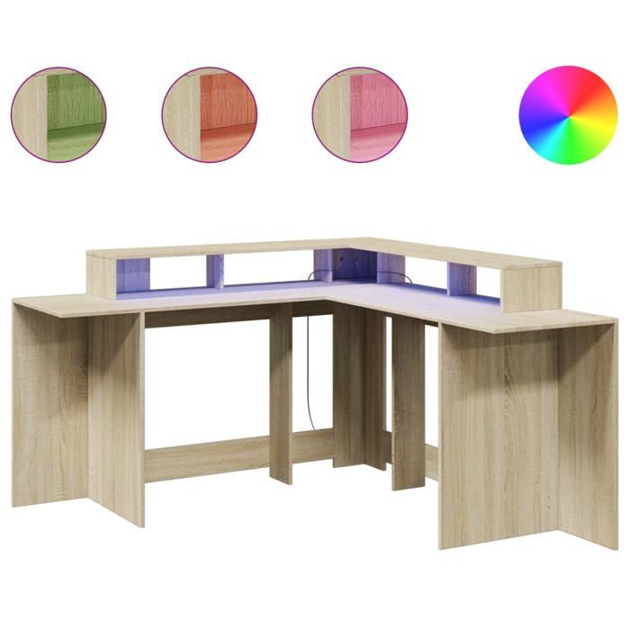 VidaXL Bureau avec lumières LED chêne sonoma bois d'ingénierie, bureau d'ordinateur, bureau d'écriture, meuble de bureau à 3309458
